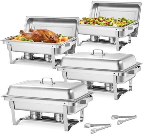 VEVOR Set di Scaldavivande Rettangolari da 8,5 L 4 Pezzi Contenitori Riscaldanti per Buffet con Manico e 2 Pinze per Alimenti e Coperchio e Porta Combustibile, Adatti per Banchetti, Feste, Matrimoni