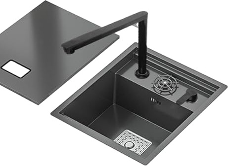 Lavello da cucina nero a vasca singola salvaspazio con coperchio in acciaio inossidabile con sifone incorporato design rubinetto multifunzione ideale per piccoli spazi