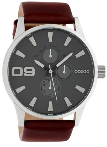 Oozoo Herrenuhr Chrono Look mit Lederband 48 MM Silber/Rotbraun C10348