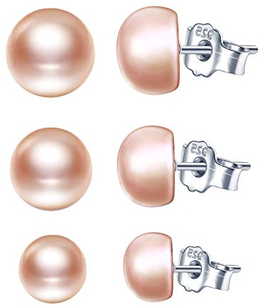 Yumilok 3 Paare Damen-Ohrstecker Ohrringe Hochwertige Süßwasser-Zuchtperlen in ca. 6mm 7mm 8mm Button Rose 925 Sterling Silber - Perlenohrstecker mit echten Perlen