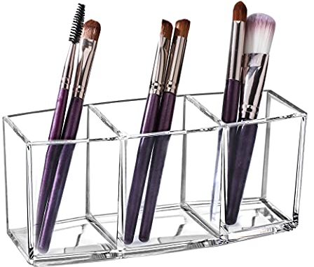 QH-Shop Kosmetik Organizer Glasklar Acryl Kosmetik Aufbewahrung mit 3 Fächern Schmink Aufbewahrung Pinselhalter Make-up Halter für Pinsel Wimperntusche Eyeliner Augenbrauenstift