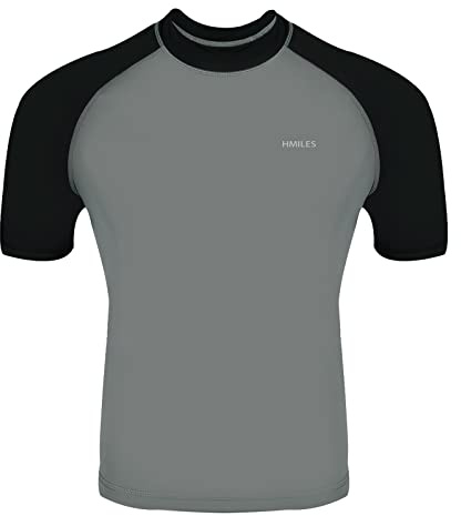 H.MILES Men's Rash Vest UPF 50+ Short Sleeve Rashguard | 82% Polyamide Quick Dry Swim Top | Snorkeling Surfing Swimming Diving | S–4XL Grey/Black