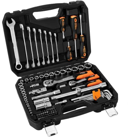 NEO TOOLS 100-teiliger Schlüsselsatz 1/2, 1/4 im Koffer | Steckschlüssel, Schraubendreher, Inbusschlüssel, Ratsche | Komplettes Set für Werkstatt, Garage, Heimwerker