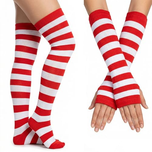 MCPINKY 2 Pair Red and White Striped Socks & Long Arm Warmer Gloves, Crazy Socks for Kids, Crazy Outfit Accessories for Women, Themed Party, Cheerleading & Sports Costume