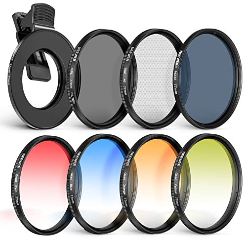 NEEWER 77mm ND+CPL + Effektfilter Set mit Handy Objektivklemme Polfilter ND32 6 Punkt Sternfilter 4 Verlaufsfarbfilter Kompatibel mit 15 14 Pro Max 14 13 12 11