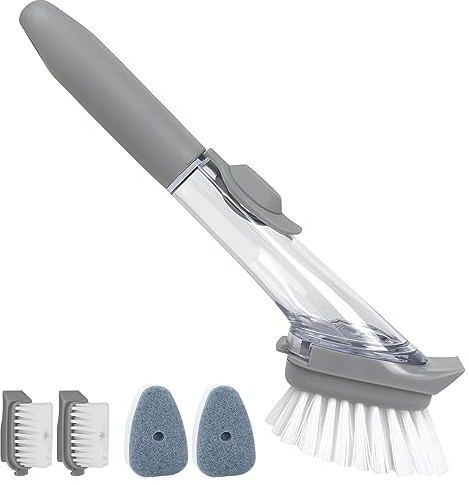 Mehrzweck Spülbürste mit Spülmittelspender, Abwaschbürste Graue Spülbürste mit 3 Austauschbar Reinigungsbürstenkopf, Reinigungsbürste, Spülbürste mit Seifenspender für Topf, Pfanne, Spüle