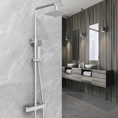 AICA ITALY ASTA DOCCIA con Soffione e Doccetta Quadrati Anticalcare, Colonna Doccia con Miscelatore Termostatico, Saliscendi Doccia Regolabile 73-117cm