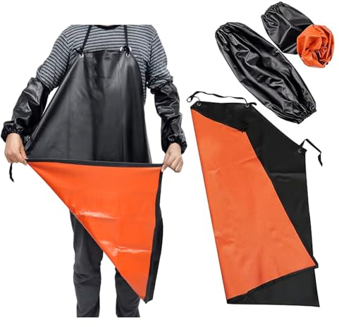 Baanfly 2 Set Upgraded 43 Waterproof Leather Apron with 2 Pair Sleeves Heavy Duty Work Apron Chemical Acid Stain Oil Resistance Adjustable Cooking Kitchen Chef Women Men for Kitchen, Garden, Butcher