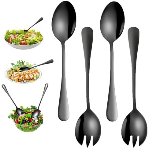 Guyode 4 Pezzi Posate Insalata Acciaio Inox Utensili Cucina Forchetta da Insalata Set Posate, Forchette Acciaio Inox Cucchiaio Lungo Posate Nere Casalinghi Cucchiai da Zuppa Accessori Cucina
