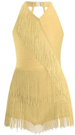 Nyeemya Vestido de Baile para Niñas con Pedrerías Brillantes Vestido de Danza Latina Cuello Halter Disfraz de Bailarina Dancewear 5-16años Amarillo 13-14 años