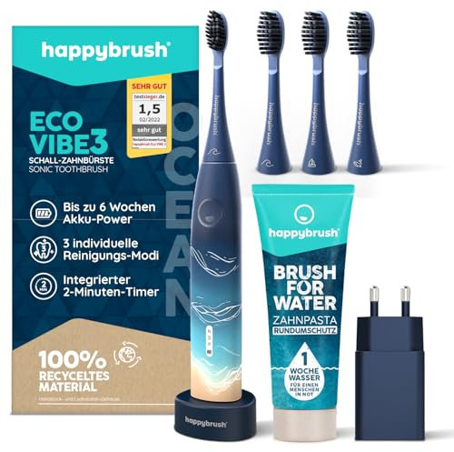 happybrush® Schallzahnbürste Eco Vibe 3 – TESTSIEGER – 100 Tage testen - Elektrische Zahnbürste mit 8 Wochen Akku – Ultraschall Zahnbürsten – 2 Jahre Garantie - Inkl. Aufsteckbürsten - Ocean