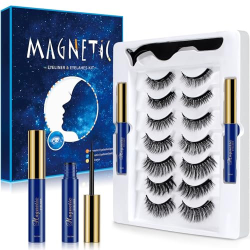 Aosun Magnetische Wimpern mit Eyeliner Kit, 7 Stile, 3D Magnetic Lash Extensions für Natürlich Look, Falsche Künstliche Wimpern Set, Wasserdicht, Ohne Kleber, Schwarz, Eye Make-up für Cat Eye & Hallow