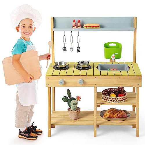 GOPLUS Cuisine en Bois Enfant, avec Étagères de Rangement, Réservoir d'eau, Robinet & Évier Amovible, Accessoires Inclus, Jeu d'Imitation Intérieur Extérieur pour Garçon Fille 3 Ans+ (Naturel)