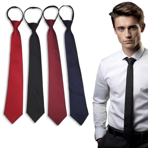 Set de 4 Corbatas para Hombre (Negro/Azul Marino/Rojo), Corbata de Seda con Elástico y Cremallera, Seguridad para Niños/Hombres, Corbatas de Hombre Corbata Disfraz