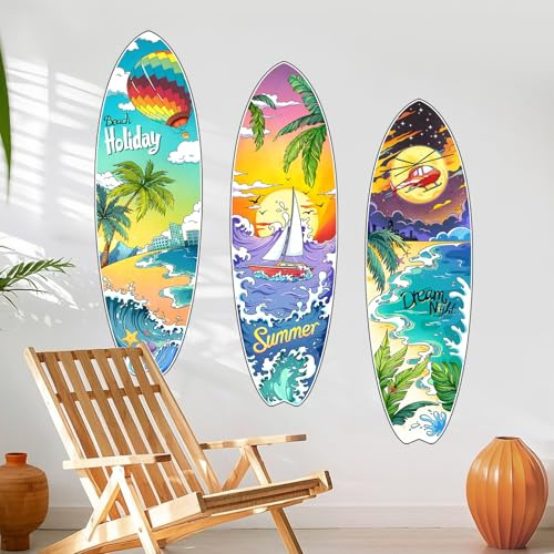 Supzone 3 Sets Stickers Muraux Surfboard Autocollants Muraux été Plage Vacances Amovible en Vinyle Décoration Murale pour Salon, Chambre, Bureau, Fond de Canapé ou TV
