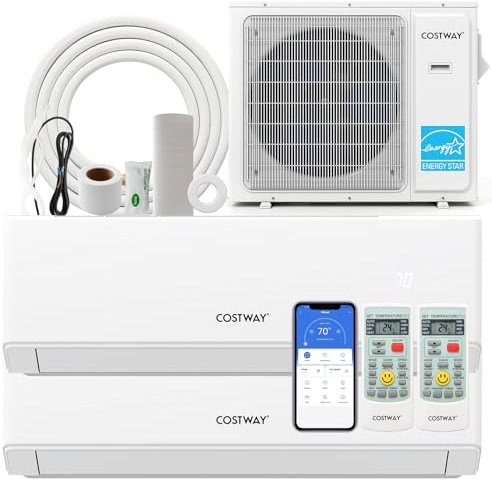 COSTWAY 30k Dual 2 Zone Mini Split Air Conditioner, 23 SEER2 12000 BTU+ 12000 BTU, 208-230V, Wifi Enabled Multi Zones Mini Split AC Heat Pump Full Set, Ductless Energy Star