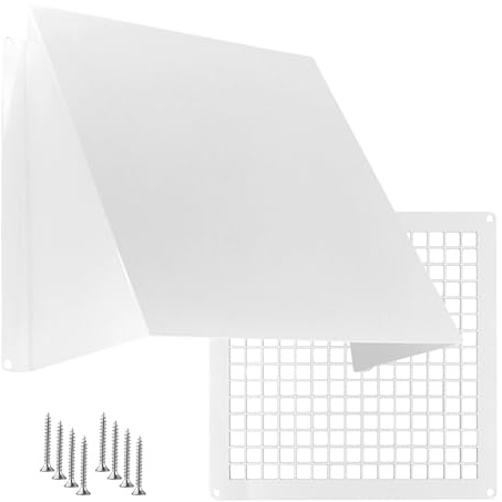 Outdoor Dryer Vent Cover with Mesh 8x8 inch - Metal Wall Rain Cover with Bird Protection Guard - White Vent Hood with Grid - Weatherproof Exhaust Grille for Duct Openings