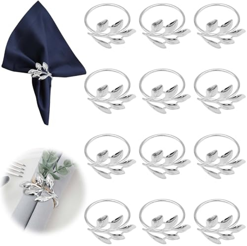 12PCS Silver Napkin Rings for Christmas Wedding Party Table Decorations, Metal Napkin Ring Holders with Elegant Leaf Design, Reusable Alloy Napkin Buckles for Dinners, Events, and Holidays