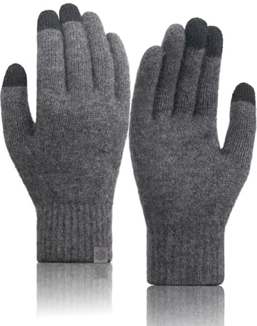TRENDOUX Guanti Termici Neve in Pura Lana Merino, Guanti Touch Screen Uomo Donna Lavorati a Maglia, Polsini Morbidi ed Elastici per Guida Trekking Running Sci Bici Sportivi - Grigio M