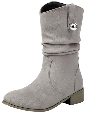 Stivali da donna Mid calf stivali da donna in camoscio con polpaccio medio, alla moda e casual, arancio, tacco spesso, punta a punta, tacco basso, stivali medi, stivali di gomma 1119, grigio., 37 EU