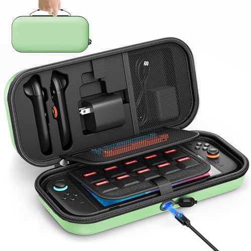 [Ladung Innen] Tragetasche für Nintendo Switch 2/OLED/Original, Große Harte Tasche für Adapter und Joy-pad Aufbewahrung, Reise-Tasche für Switch 2 Konsole mit 22 Spielkartenfächern, Grün