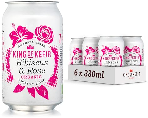 King of Kefir Hibiscus & Rose - Water Kefir Drink – Organic - Vegan - Gluten-Free - 6 x 330ml Cans