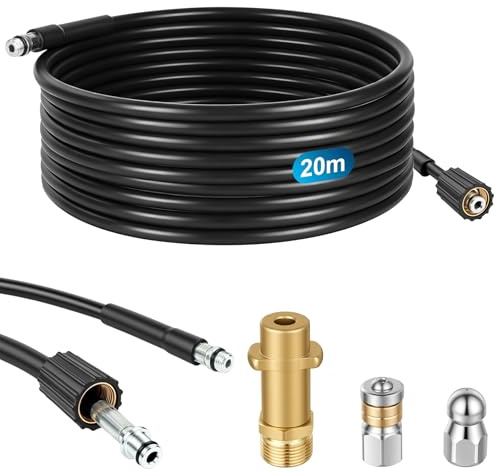 NUTKIT Manguera Limpieza Tuberías 20M 180 Bar,con Boquilla Fija y Boquilla Giratoria,Kit Limpiezas de Tubería,Compatible con Manguera de Limpieza de Tubería de Las Serie Kärcher K2,K3,K4,K5,K6 K7