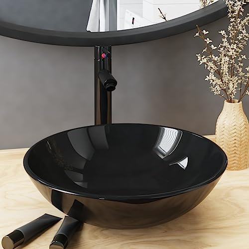 Genérico Lavabo de baño Grifo y desagüe de Empuje Vidrio Templado Negro,Bricolaje,Fontanería,Piezas para fontanería,Lavabos y fregaderos,Lavabos,Negro,3098450
