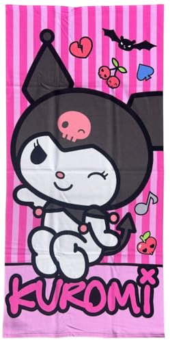CARTOON Telo Mare Kuromi Rosa 70x140 cm Microfibra 100% Poliestere 245 gsm Assorbente e Asciugatura Rapida Leggero e Compatto Ideale per Spiaggia Piscina e Viaggio Design Kawaii con Cuori e Ciliegie