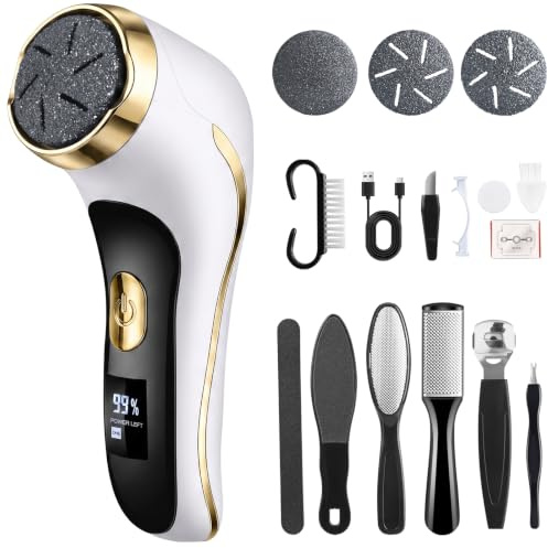 Râpeuse Pieds Électrique Rechargeable avec Aspiration, IPX7, 2 Vitesses | Aspiration intégrée anti-poussière,affichage LCD,2200 RPM, kit 10 accessoires, batterie 1500mAh, soin complet à la maison.