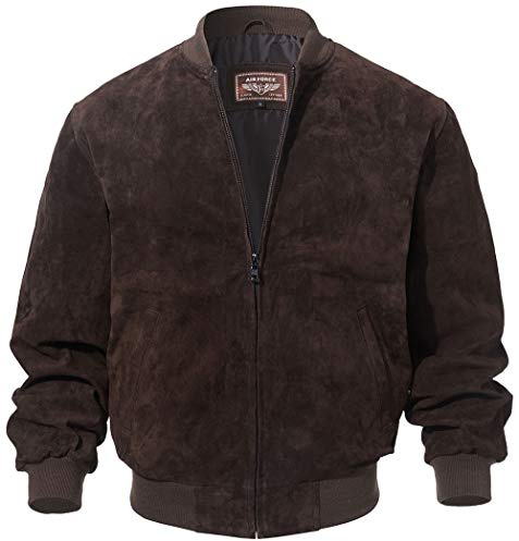 FLAVOUR Blouson aviateur de baseball en cuir pour homme Vintage Daim Peau de porc (L, Marron foncé)