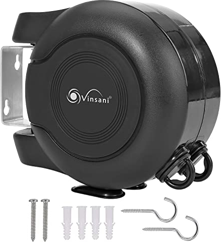 Vinsani 30 metre Retractable Reel Clothes Lines Washing Line with Twin Cable - Wall Mounted Heavy Duty Clothes Dryer 2 x 15m Lines of Drying Space Outdoor, Full Black