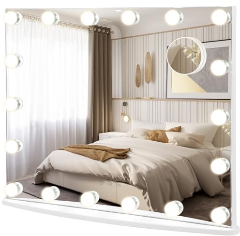RELAX4LIFE Specchio Trucco con Luci 65 x 52,5 cm, Specchio Cosmetico da Parete/Tavolo con 18 Lampadine, 3 Colori di Luce, 4 Luminosità Regolabile, Touch Screen, per Camera da Letto (65 x 52,5 cm)