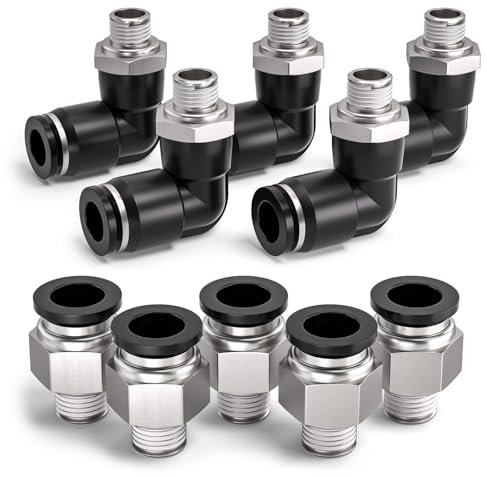 Bwintech 10 Pcs manchon de carte de 4mm à 1/8 BSP mâle traversant et coude de 90 degrés raccord pneumatique, adaptateur de ligne d'air à libération rapide PL4-01 / PC4-01