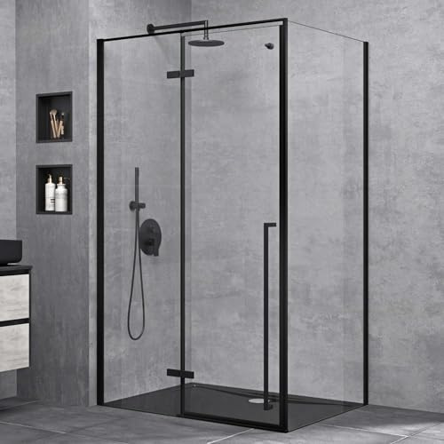 doporro Box Doccia Rettangolare 80x140x195cm Cabina Bagno con Porta Battente in Vetro Temperato Trasparente da 6 mm | Profilo Alluminio Anodizzato Finitura Nero | Ravenna64K