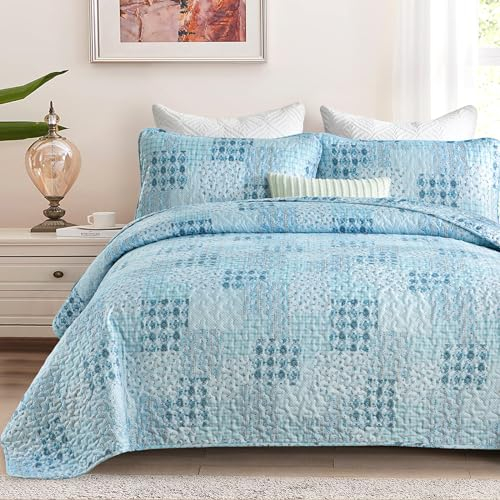 Menghomeus Aqua Quilt Set King Boho Patchwork Tagesdecke Floral Coverlet Reversible Bed Quilt Set All Season Soft Microfiber Bedding Farmhouse Bed Sets 264,2 x 228,6 cm