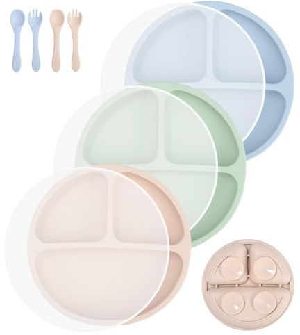 SinLaw Assiette Ventouse Pour Bébé,Lot de 3 Assiettes à Ventouse en Silicone Avec Compartiments et Couvercle, Ensemble d'Alimentation pour les Tout-petits et l'auto-alimentation