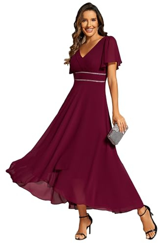 Ever-Pretty Robe Femme de Soirée Longue Mousseline de Soie Col V Manches Volantées pour Cérémonie Bordeaux 44