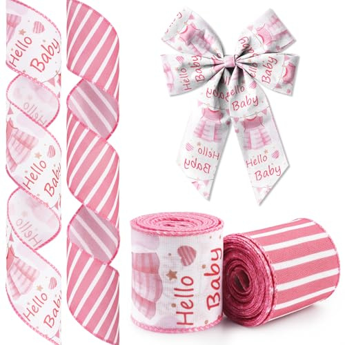 Glodecart 2 Rolls Baby Girl Pink Polyester Ribbon for Diaper Cake Wrapping Gifts, Baby Showers, Gender Reveal & Theme Parties, 2.5 X 10yd Wired Baby Shower Wreath Ribbon
