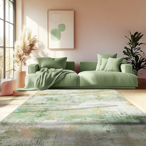 MAST DOO Teppich Wohnzimmer Waschbarer, Moderner Kurzflor Teppich Großer, Abstrakte Schlafzimmer Teppiche Waschbar rutschfest Design für Esszimmer Büro Bereich Dekor Gelblich Grün Größe 140x200cm