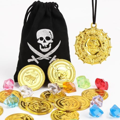 COLOFALLA Set Tesoro Pirata para Fiesta Pirata Cumpleaños Niños 10 Monedas + 10 Gemas + 1 Collar Pirata + 1 Saco Pirata Suministros Juguetes para Juegos Búsqueda Tesoro