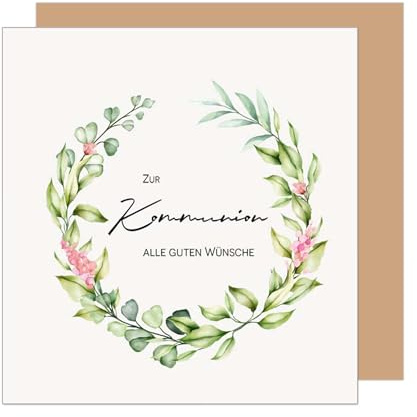 Edition Seidel Premium fyrkantigt gratulationskort för nattvarden med kuvert. Nattvardskort med slogankort, gratulationskort, pojke, flicka, tonåringar, krans, grenar (KOQ112 SW025)