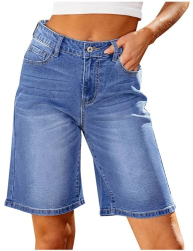 CreoQIJI Bermuda en jean pour femme - Longueur genou - Décontracté - Denim - Taille haute - Short d'été tendance - Baggy Y2K Streetwear - Short en jean stretch - Pour fille, bleu, L