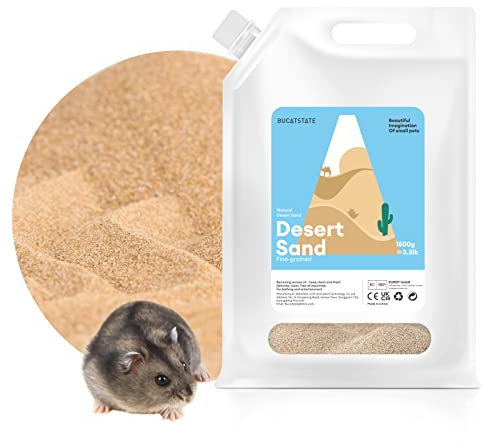 BUCATSTATE Hamster Sand with Pour Spout, 1.5kg Desert Sand | No-Dust | Calcium-Free Potty Litter Sand for Bathing Dwarf Syrian Hamster Chinchilla Gerbil Mice Degu