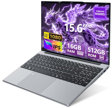 15,6 Pollici Portatile PC FHD Processore Celeron N5095 (4C/4T, fino a 2,9 Hz), 16GB RAM DDR4 SSD 512GB WiFi USB 3.0 HDMI BT Tastierino Numerico Retroilluminato Sblocco Tramite Impronta Digitale