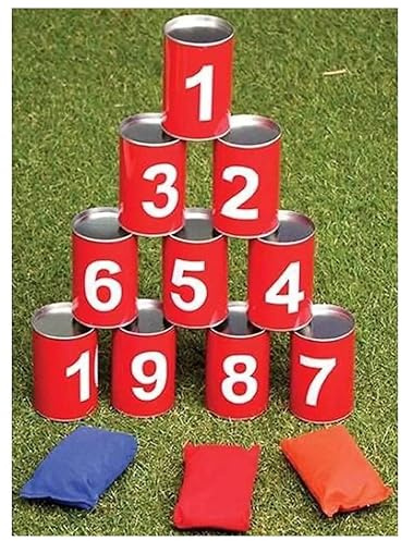 Hit The Can Garden Game, Indoor Outdoor Family Game Set, 10 Numbered Tins, 3 Bean Bags