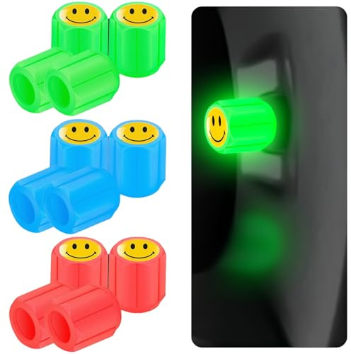 BAUCH Tapones de válvula luminosos, Juego de 12, diseño smiley, fluorescentes y resistentes a la intemperie – universales para coche, bicicleta, moto, material ABS, doble sellado