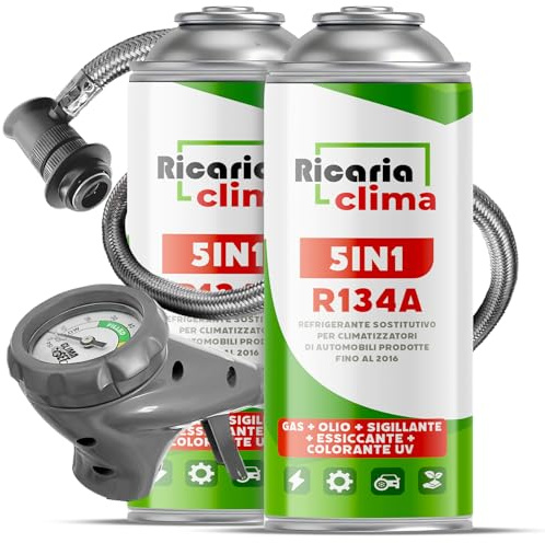 Ricaria Clima - 5in1 - Air Conditioning Recharge R134a + Hose, 2X 235 g for Car AC containing Oil, Sealant, UV Dye and Desiccant – Protects the Compressor