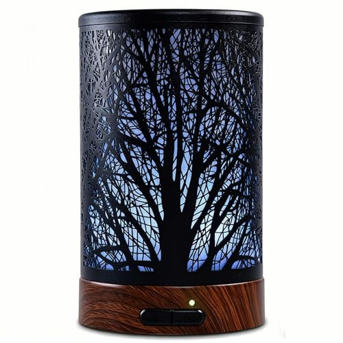 Diffuseur d'Huiles Essentielles Ultrasonique Aromathérapie Electrique en Métal avec 7-Couleurs Changeantes, Minuterie et Arrêt Automatique pour Chambre Salon Spa Yoga Massage - 150ML Arbre
