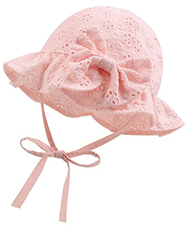 XIAOHAWANG Sommerhut Baby Mädchen UV Schutz Sonnenhut Mütze Baby Sommer Mützen Baumwolle Mit Schleife und Bindebändern(Rosa, 44cm(0-3 Monate))